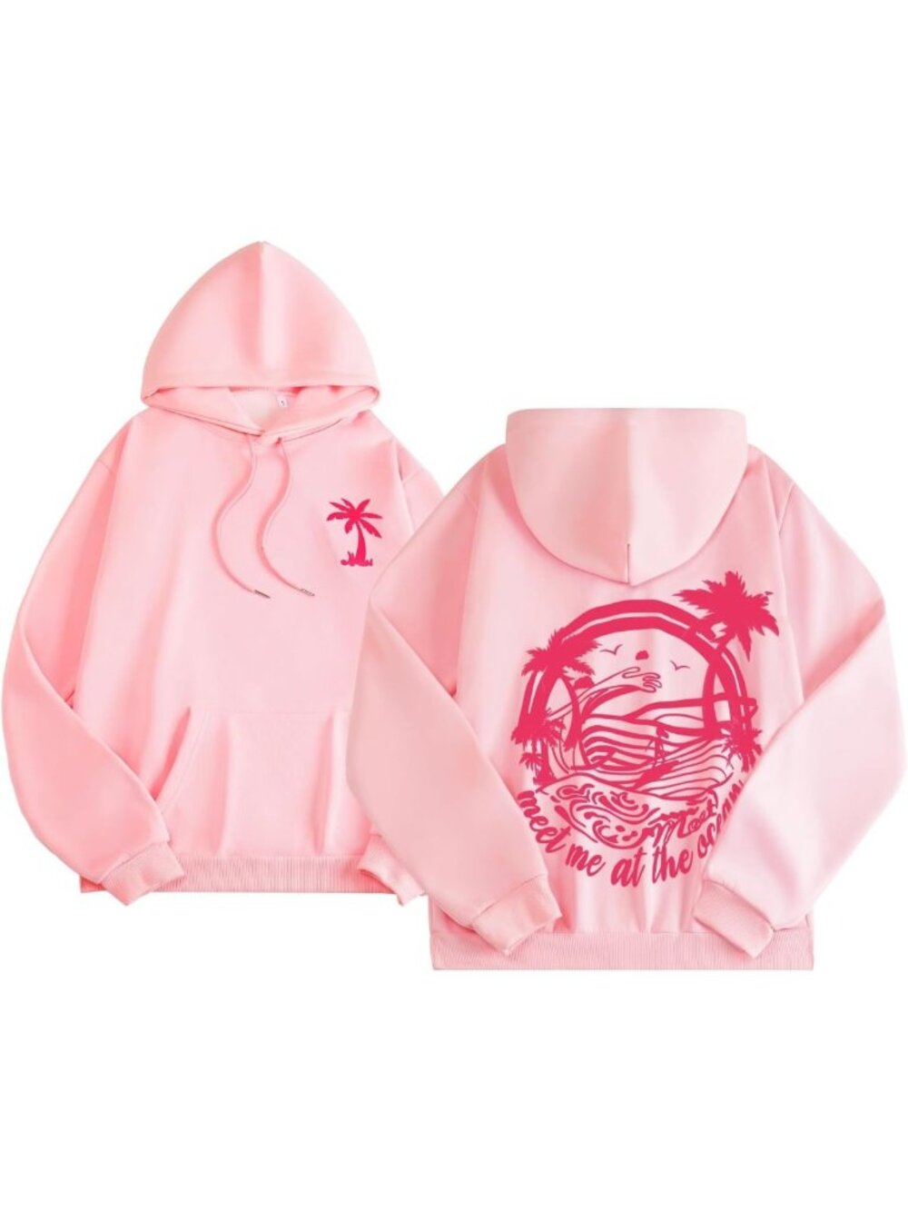 Cozy Floral Fleece Pullover Hoodie with Palm Tree Graphic for Women